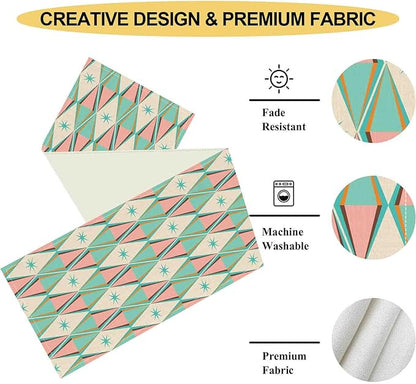 Geometric Table Runner, Retro Mid Century 1950s Modern Abstract Teal Pink Checkboard Coffee Table Center Decor for Home Kitchen Dining Patio Holiday Party Table Decorations, 13"x36" Inch