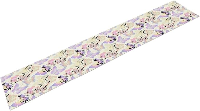 Music Butterfly Table Runner, Beautiful Musical Notes Spring Butterfly Background Print Table Runner for Holiday Kitchen Dining Outdoor Home Party 13x120in