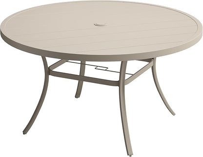 VICLLAX 60" Outdoor Round Patio Table for Lawn Garden, All Weather Metal Round Patio Dining Table with Adjustable Umbrella Hole, Outdoor Table for 8-10 Person, Cream Color Tabletop