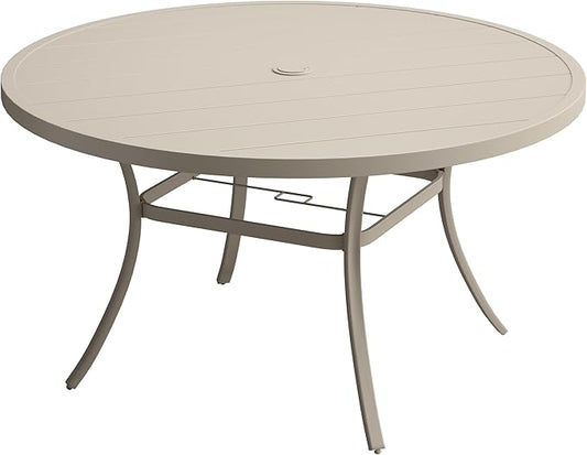 VICLLAX 60" Outdoor Round Patio Table for Lawn Garden, All Weather Metal Round Patio Dining Table with Adjustable Umbrella Hole, Outdoor Table for 8-10 Person, Cream Color Tabletop