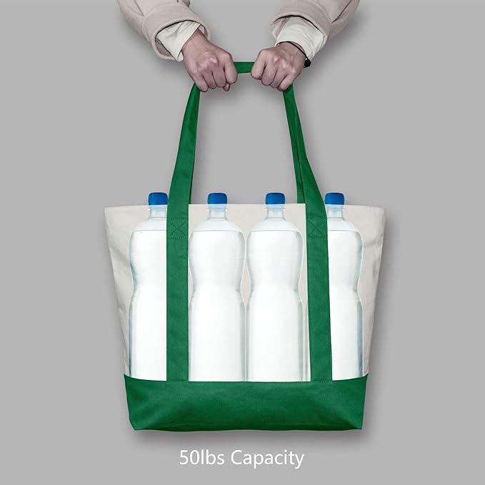 TOPDesign 3-Pack Canvas Tote Bags with an External Pocket, Reusable Grocery Shopping Bags, Top Zipper Closure, Daily Essentials (Green/Natural)