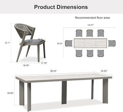 PURPLE LEAF 8-Piece Patio Dining Set Outdoor Furniture Rectangular Table and Chairs Set with Aluminum Frame and Wicker Rattan for Garden Deck Backyard Kitchen Gray Outdoor Set