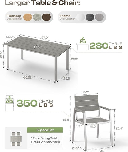 67" Rectangle HDPS Patio Dining Table, Aluminum Outdoor Patio Dining Table with Umbrella Hole, Weather-Resistant for Lawn, Garden, Yard, Poolside and Indoor Use (Gray & Teak)