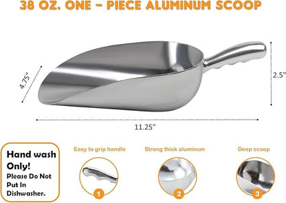 Cast Aluminum Utility Scoop - 38 oz. - Round Bottom, ice scoop For Multi-Purpose Use, With Finger Groove Handle (38 oz.)