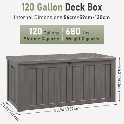 NUNU LAB 120 Gallon Outdoor Storage Box,Resin Large Sturdy Deck Box, Backyard Outside Storage Box Waterproof with Double Wall Panels,Package Delivery Garden Outdoor Hose