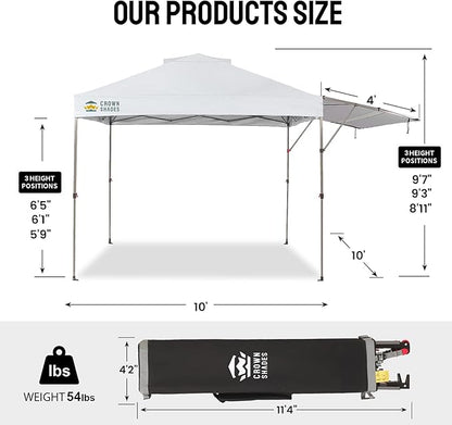 CROWN SHADES 10x10 Pop up Canopy Tent Patended Centerlock Instant Commercial Canopy with 150D Silver Coated Fabric Including 2 Extend Awnings, 4 Ropes, 8 Stakes, 4 Weight Bags (White, 10x14)