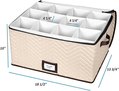 Wine Glass Storage Box with Dividers - Stemware Storage Case, Durable Quilted Microfiber Bin with Carry Handles, Protects Fine China - (1 Pack, Red Wine Glass)