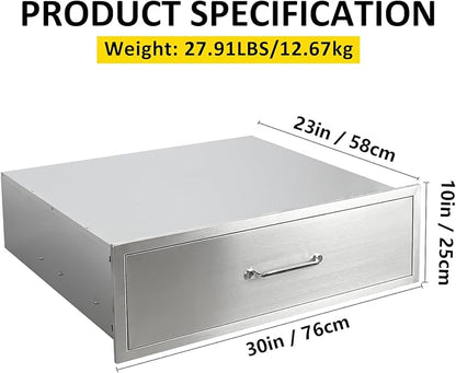 Outdoor Kitchen Drawers 30" W x 10" H x 23" D Flush Mount BBQ Single Drawers with Divider,Built-in Stainless Steel Drawer with Chrome Handle for Outdoor Kitchen Island Patio Grill Station