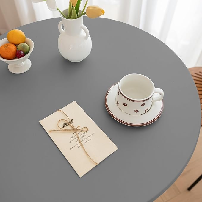 Round Fitted PU Tablecloth with High Elastic Edge 31 Inch Dia Waterproof Oil Proof Table Cloth Anti-Scald Stain-Resistant Wipeable Table Cover for Indoor Outdoor Picnic (Light Grey,31" Dia)