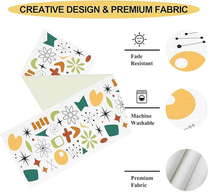 Mid Century Table Runner, Retro 1950s Atomic Pattern Modern Abstract Geometric Coffee Table Center Decor for Home Kitchen Dining Patio Holiday Party Indoor Outdoor Table Decorations, 13"x90" Inch