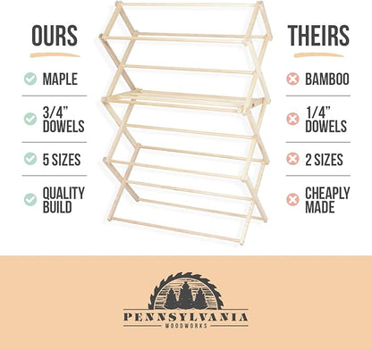 Pennsylvania Woodworks Clothes Drying Rack: Solid Maple Hard Wood Laundry Rack for Sweaters, Blouses, Lingerie & More, Durable Folding Drying Rack, Made in USA, No Assembly Needed, Large