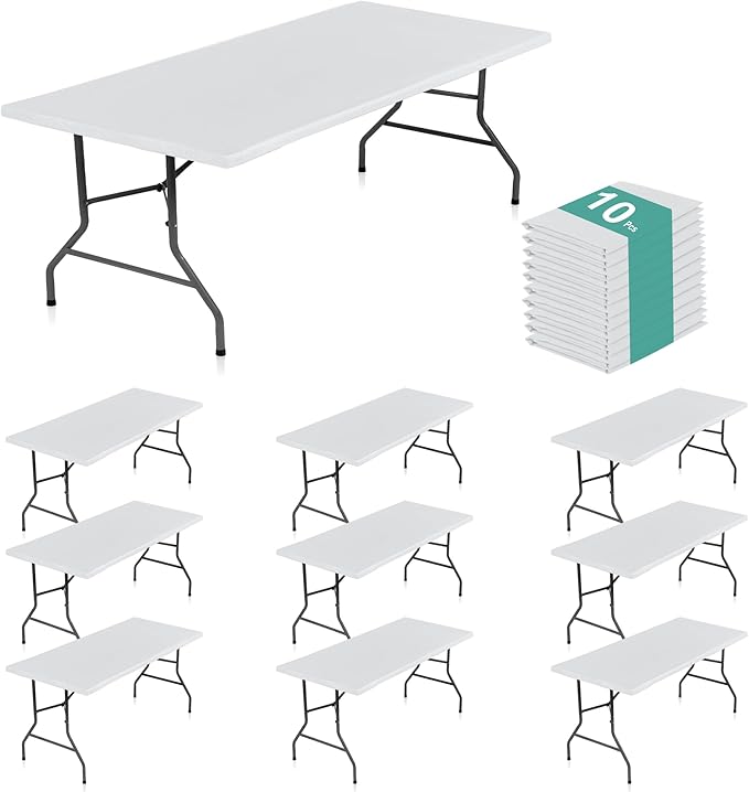 LUSHVIDA 10 Packs Vinyl Tablecloths with Flannel Backing for 4ft Rectangle Folding Table Cloths - Waterproof Plastic Picnic Table Covers with Elastic Corners, 30x48 inch, White