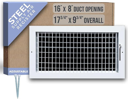 Fits 16x8 Duct Opening Steel Adjustable Air Supply Grille by Handua | Register Vent Cover Grill for Sidewall and Ceiling | White | Outer Dimensions: 17.75" X 9.75"