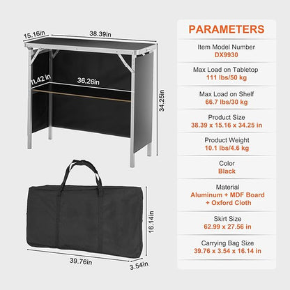 VEVOR Folding Portable Bar Table, Tradeshow Podium Table for Indoor, Outdoor, Party, Picnic, Exhibition, Includes Carrying Case, Storage Shelf and Black Skirt, 38.39" x 15.16" x 34.25"