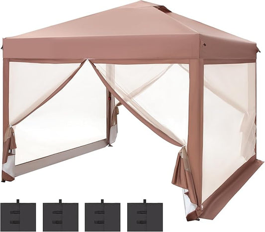PHI VILLA 10 x 10 Pop Up Canopy Tent with Netting, Instant Gazebo, Ez up Screen House Room with Carry Bag, Height Adjustable, for Outdoor, Garden, Patio,Brown