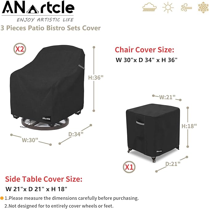 3 Pieces Patio Bistro Sets Cover,600D Waterproof Heavy Duty Patio Furniture Covers,Includes 2 Outdoor Swivel Chair Covers and 1 Patio Wicker Side Table Cover(Black)