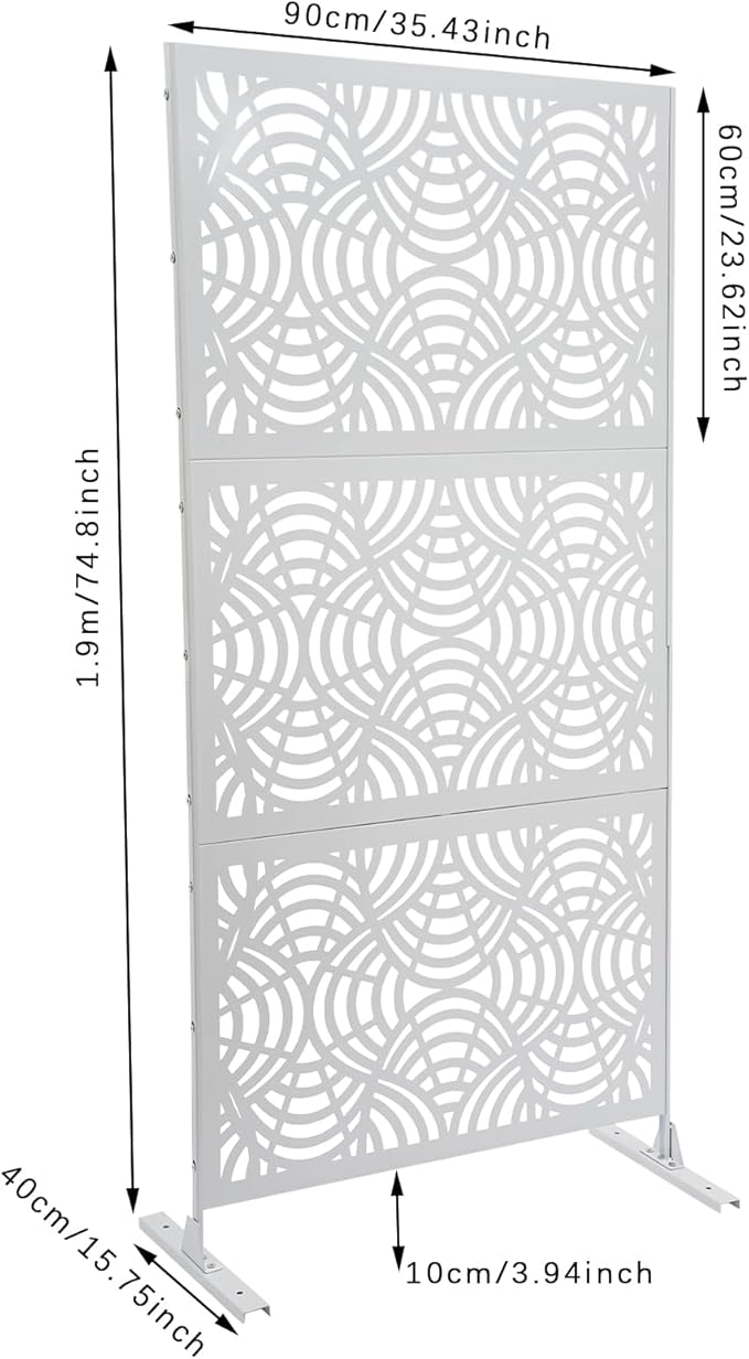 75" H×35" W Decorative Outdoor Privacy Screen with Stand, Outdoor Decor Privacy Fence Screen Metal Fence Panels, Free Standing Metal Divider for Patio Lawn Deck (White -Curved Pattern)