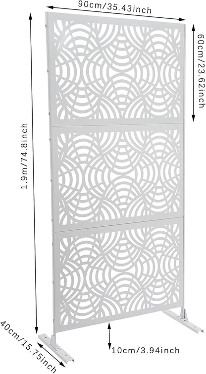 75" H×35" W Decorative Outdoor Privacy Screen with Stand, Outdoor Decor Privacy Fence Screen Metal Fence Panels, Free Standing Metal Divider for Patio Lawn Deck (White -Curved Pattern)