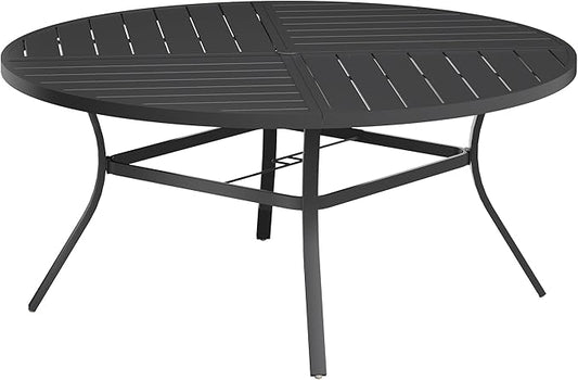 VICLLAX Round Patio Table with Adjustable Umbrella Hole for 8, All Weather Metal Outdoor Dining Table for Lawn Garden, 59.8" Outdoor Coffee Table, Black Tabletop