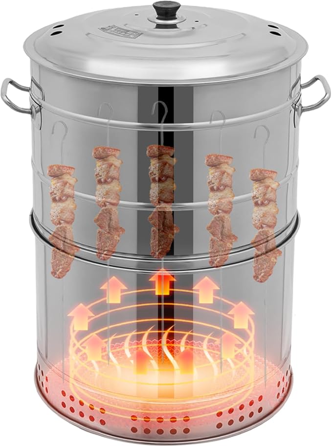 Stainless Steel Smokeless Barbecue Surround Charcoal Grill, 50 Kabob Skewer Portable Charcoal BBQ Charcoal Barrel Smoker with Grilling Accessories Set for Camping, Backyard & Home BBQ INGRILL