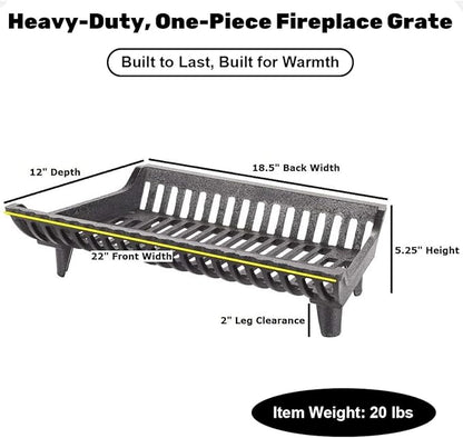 22 inch Fireplace Grate Heavy Duty, Cast Iron Fire Grate - 22" W x 12" D x 5.25" H (2" Clearance)