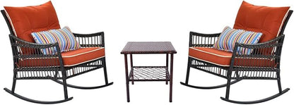 DECMICO 3-Piece Outdoor Rocking Chair Set, Wicker Bistro Furniture | Orange - Image 9