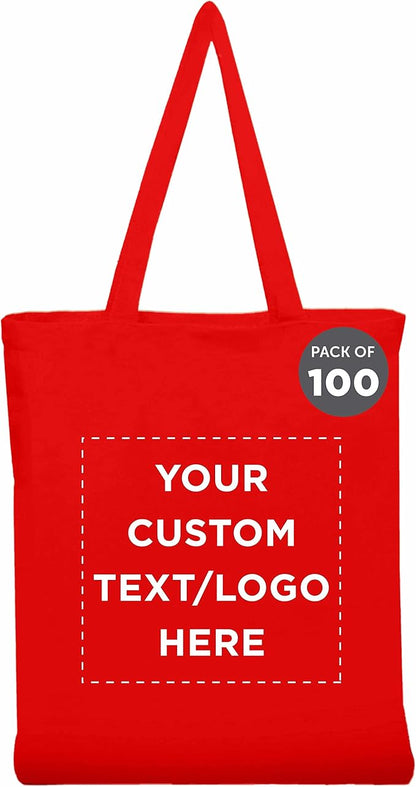 DISCOUNT PROMOS Custom Cotton Canvas Tote Bags Set of 100, Personalized Bulk Pack - Reusable, Great for Shopping, Grocery, Beach, Picnic, Wedding Favors - Red