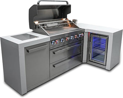 Mont Alpi MAi805-D90FC 44-inch 6-Burner 115000 BTU 90 Degree Corner Deluxe Stainless Steel Gas Outdoor Barbecue Island Grill w/Lockable Compact Refrigerator + Infrared Side Burner + Rotisserie Kit