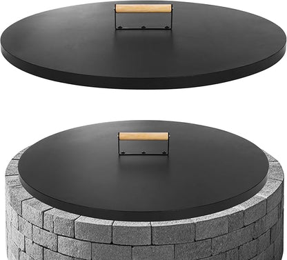 G GOOD GAIN Firepit Lid Round 28 Inch - Rust Resistant Fire Pit Lid Cover with Wooden Handle & Gloves, Fire Pit Snuffer Lid for Courtyards, Patio, Winter Cold Protection.