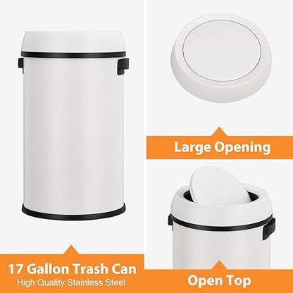 GarveeHome 17 gal/65 L Swing Top Trash Can, Stainless Steel Rubbish Bin, Commercial Grade Waste Container, Round Garbage Can for Outdoor, Home Office, Restaurant, White