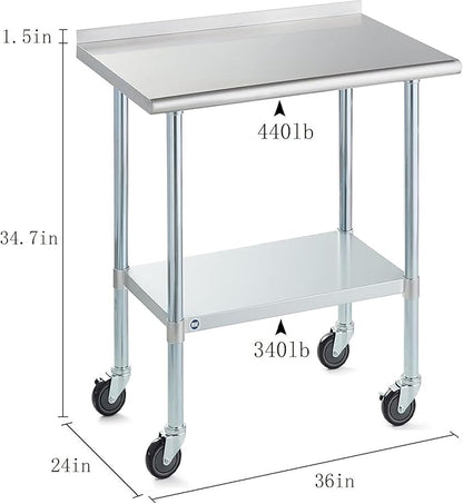 Stainless Steel Table for Prep & Work with Caster & Backsplash 24x36 Inches, NSF Metal Commercial Kitchen Heavy Duty Table with Adjustable Under Shelf and Table Foot for Restaurant, Home and Hotel