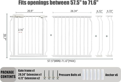 Extra Wide Baby Gate Tension Indoor Safety Gates White Metal Large Pressure Mounted Pet Walk Through Long Dog for The House Doorways Stairs (66.9 inches-71.6 inches, White) (Th-0001)
