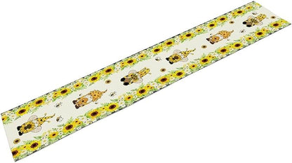 Summer Sunflower Gnome Table Runner, Buffalo Plaid Bee Farmhouse Seasonal Table Decoration for Outdoor Home Party Kitchen Dining Holiday 13x36in