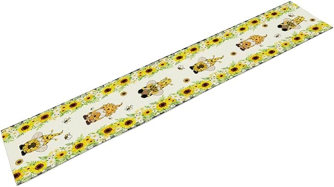 Summer Sunflower Gnome Table Runner, Buffalo Plaid Bee Farmhouse Seasonal Table Decoration for Outdoor Home Party Kitchen Dining Holiday 13x90in