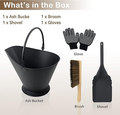 Poofzy Ash Bucket for Fireplace, 3.2 Gallon Metal Fireplace Ash Bucket for Wood Stove, Includes Shovel, Broom and Gloves Indoor & Outdoor