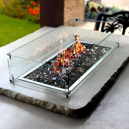 Holy Fire 29.5" L x 13.5" x 6" Rectangle Fire Pit Glass Wind Guard Clear Tempered Glass Flame Protective Pane Wind Resistant - Fits 24”x8 Fire Pit Burner Pan