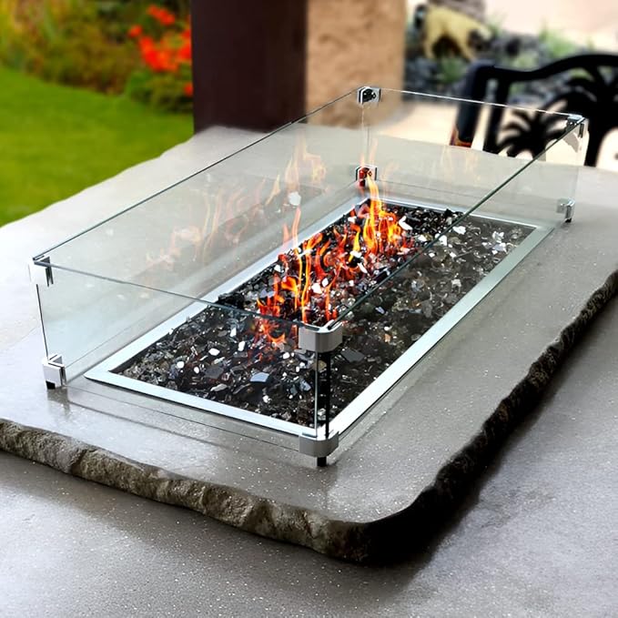 Holy Fire 35.5" L x 15.5" x 6" Rectangle Fire Pit Glass Wind Guard Clear Tempered Glass Flame Protective Pane Wind Resistant - Fits 30”x10 Fire Pit Burner Pan
