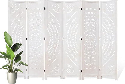 66.9Inch Folding Room Divider, 6 Panels Wood Carved Privacy Screens, Free Assembled Freestanding Partition for Home Office Restaurant Bedroom (White-Washed)