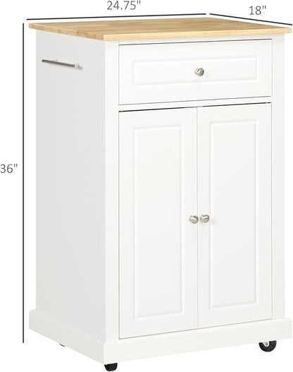 HOMCOM Rolling Kitchen Island Cart, Portable Serving Trolley Table with Drawer, Adjustable Shelf and 2 Towel Racks, Cream White