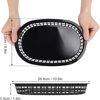 60 Pack Black Fast Food Baskets, 10.6 x 6.7 Inch Oval Black Plastic Food Baskets for Burgers, Fries, Sandwiches, Hot Dogs, Barbecues, Picnics, Parties, Durable and Safe