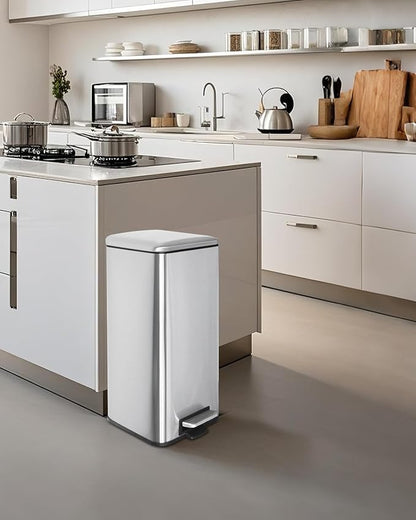 8 Gallon SquareTrash Can with Soft Close Lid, Stainless Steel Trash Can with Removal Inner Bucket, Hand -Free Trash Bin for Kitchen, Office, Laundry, Bathroom, 30 Liter Capacity, Silver