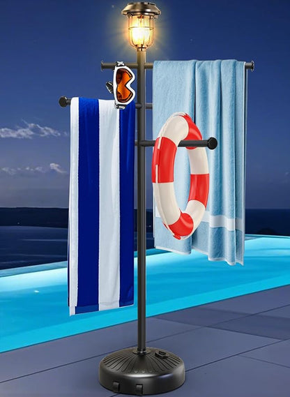 Solar Light Pool Towel Rack with Wheels – 63" Tall Adjustable Outdoor Towel Rack for Patio, Bathroom, Hot Tub
