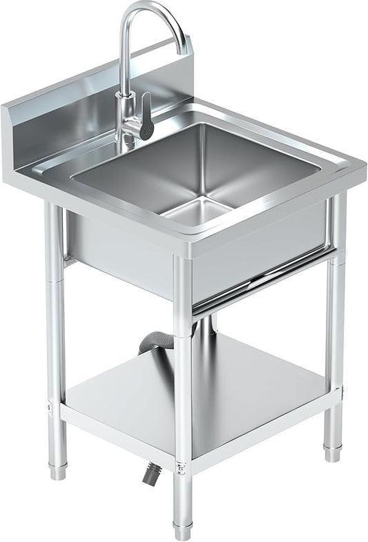 20Inch Stainless Steel Utility Sink with Hot/Cold Water Plumbing & Shelf for Kitchen, Bathroom, Laundry