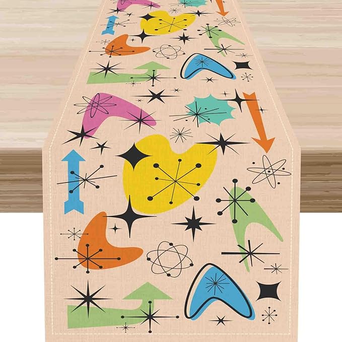 Mid Century Table Runner, Retro 1950s Atomic Minimalist Modern Abstract Geometric Colorful Coffee Table Center Decor for Home Kitchen Dining Patio Holiday Party Table Decorations, 13"x108" Inch