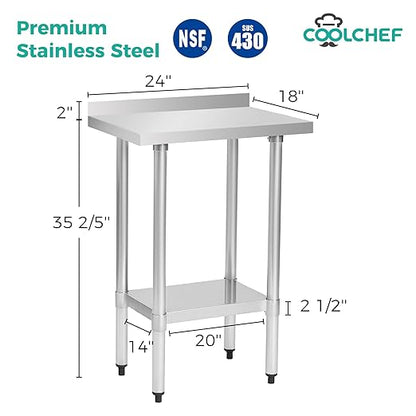 Stainless Steel Work Table 18 x 24 Inch, NSF Commercial Prep Table with Undershelf, Heavy Duty Food Prep Workstation with Backsplash