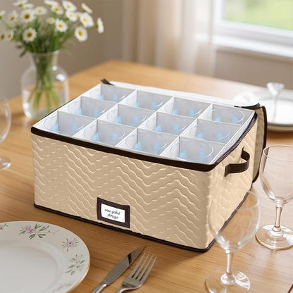 Wine Glass Storage Box with Dividers - Stemware Storage Case, Durable Quilted Microfiber Bin with Carry Handles, Protects Fine China - (2 Pack, Red Wine Glass)