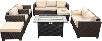 7 PCS Patio Furniture Set Outdoor Patio Furniture with 45-Inch Propane Fire Pit Table Outdoor Couch Patio Chairs Outdoor Conversation Set with Non-Slip Cushions Waterproof Covers, Khaki
