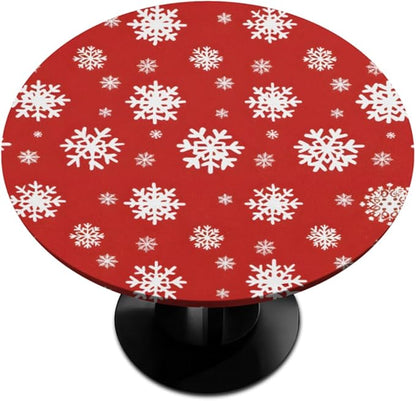Christmas Snowflake Red White Round Table Cloth Cover, Elastic Edge Waterproof Wipeable Tablecloths 45"-56" Polyester Tablecloth for Party Restaurant Banquet Holiday Camping Outdoor Picnic