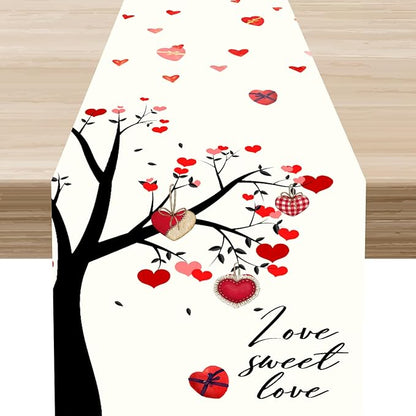 Valentines Day Table Runner,Rustic Love Tree Red Black Heart Valentines Runner for Table Seasonal Artistic Decor for Indoor Outdoor Dining Table Decorations, 13"x36"
