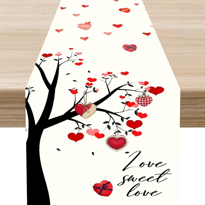 Valentines Day Table Runner,Rustic Love Tree Red Black Heart Valentines Runner for Table Seasonal Artistic Decor for Indoor Outdoor Dining Table Decorations, 13"x108"